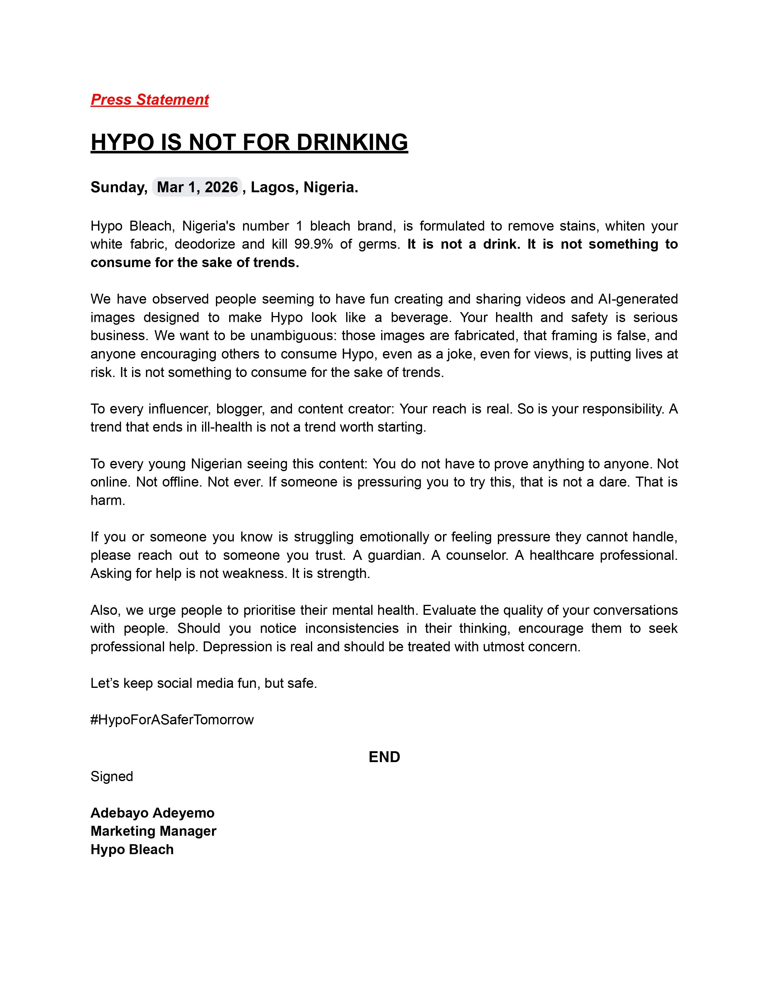 Hypo Bleach Maker Warns Public: Not Safe to Drink